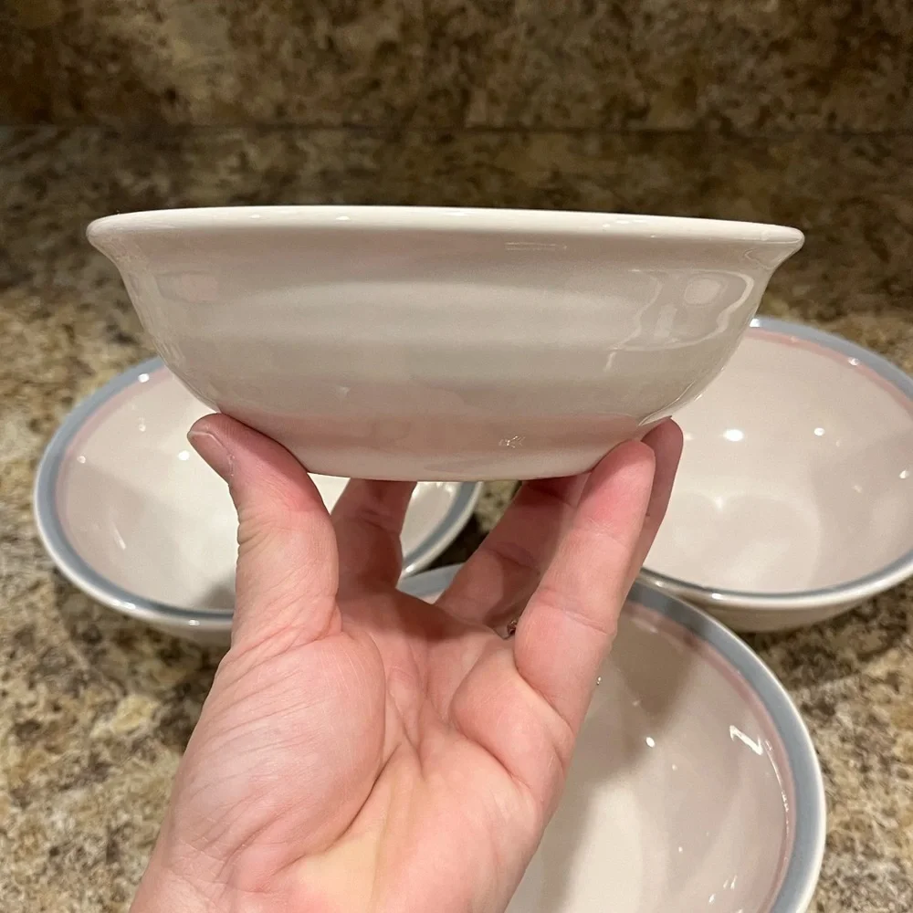 Pfaltzgraff Aura Light Pink 6” Bowls with Pink And Blue Rim Set of 4